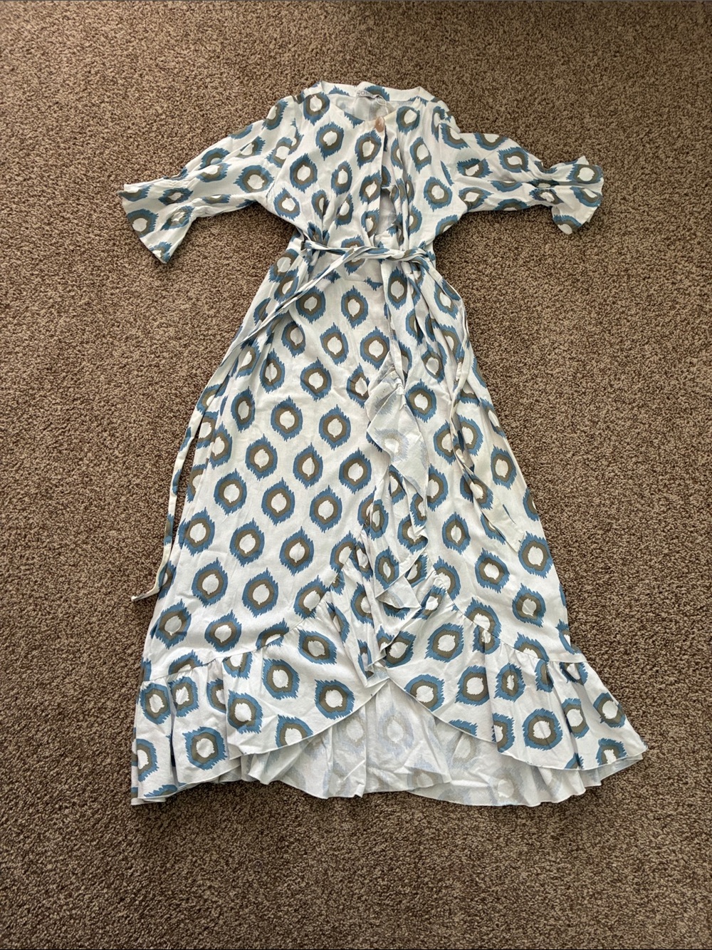 Light Blue & Cream Printed Wrap Maxi Dress with Tie Waist
